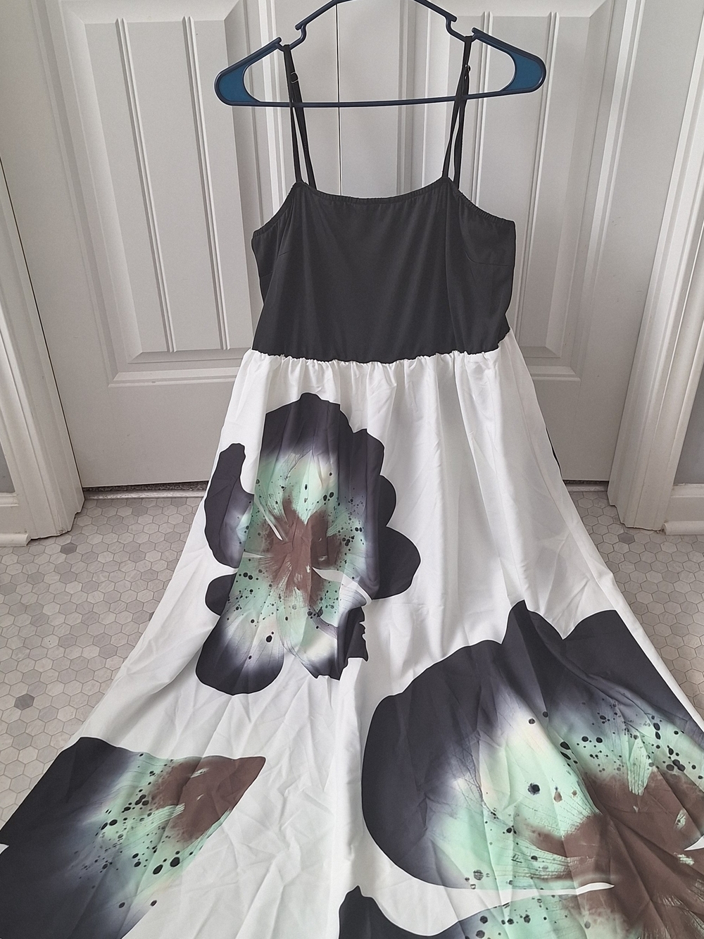 Black & White Floral Maxi Dress with Mint Accents